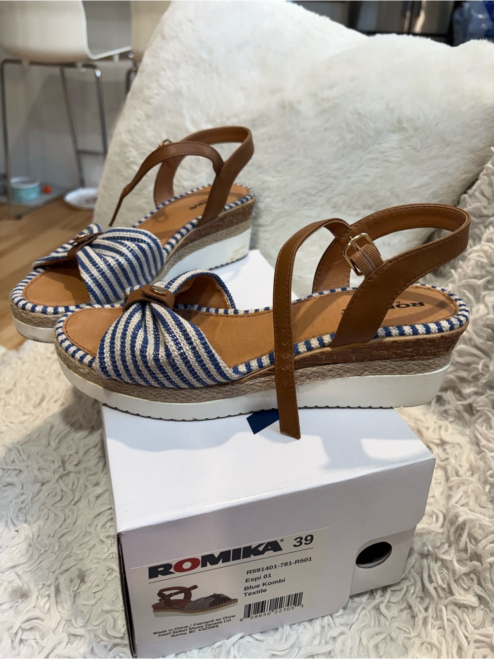 Romika Navy & White Striped Espadrille Wedge Sandals with Brown Straps